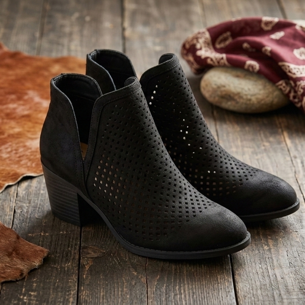 JC Journee Collection Black Perforated Cutout Ankle Booties - Size 10